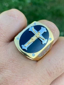 Mens 14k Gold Over Real Solid 925 Silver Jesus On Cross Ring Black Onyx Hip-Hop