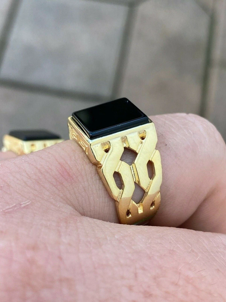 Mens 14k Gold Over Real Solid 925 Sterling Silver Black Onyx Ring Sz 7-13 Pinky 6 Mens 14k Gold Over Real Solid 925 Sterling Silver Black Onyx Ring Sz 7-13 Pinky - Image 4
