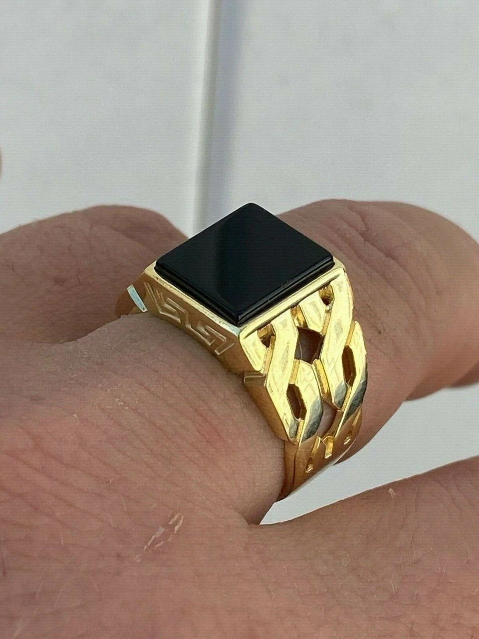 Mens 14k Gold Over Real Solid 925 Sterling Silver Black Onyx Ring Sz 7-13 Pinky 4 Mens 14k Gold Over Real Solid 925 Sterling Silver Black Onyx Ring Sz 7-13 Pinky - Image 2