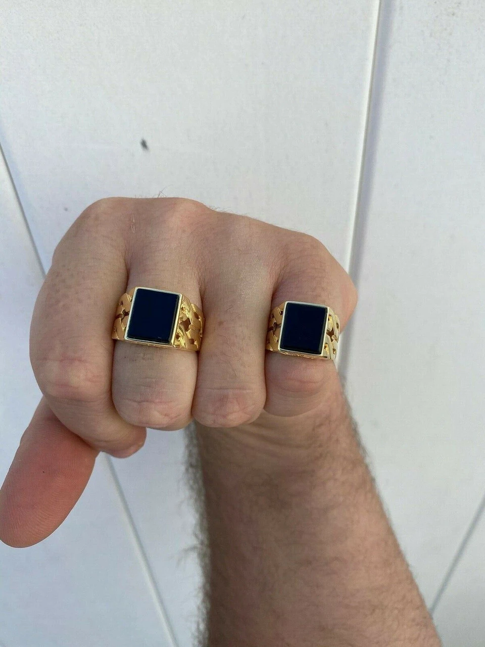 Mens 14k Gold Over Real Solid 925 Sterling Silver Black Onyx Ring Sz 7-13 Pinky 5 Mens 14k Gold Over Real Solid 925 Sterling Silver Black Onyx Ring Sz 7-13 Pinky - Image 3