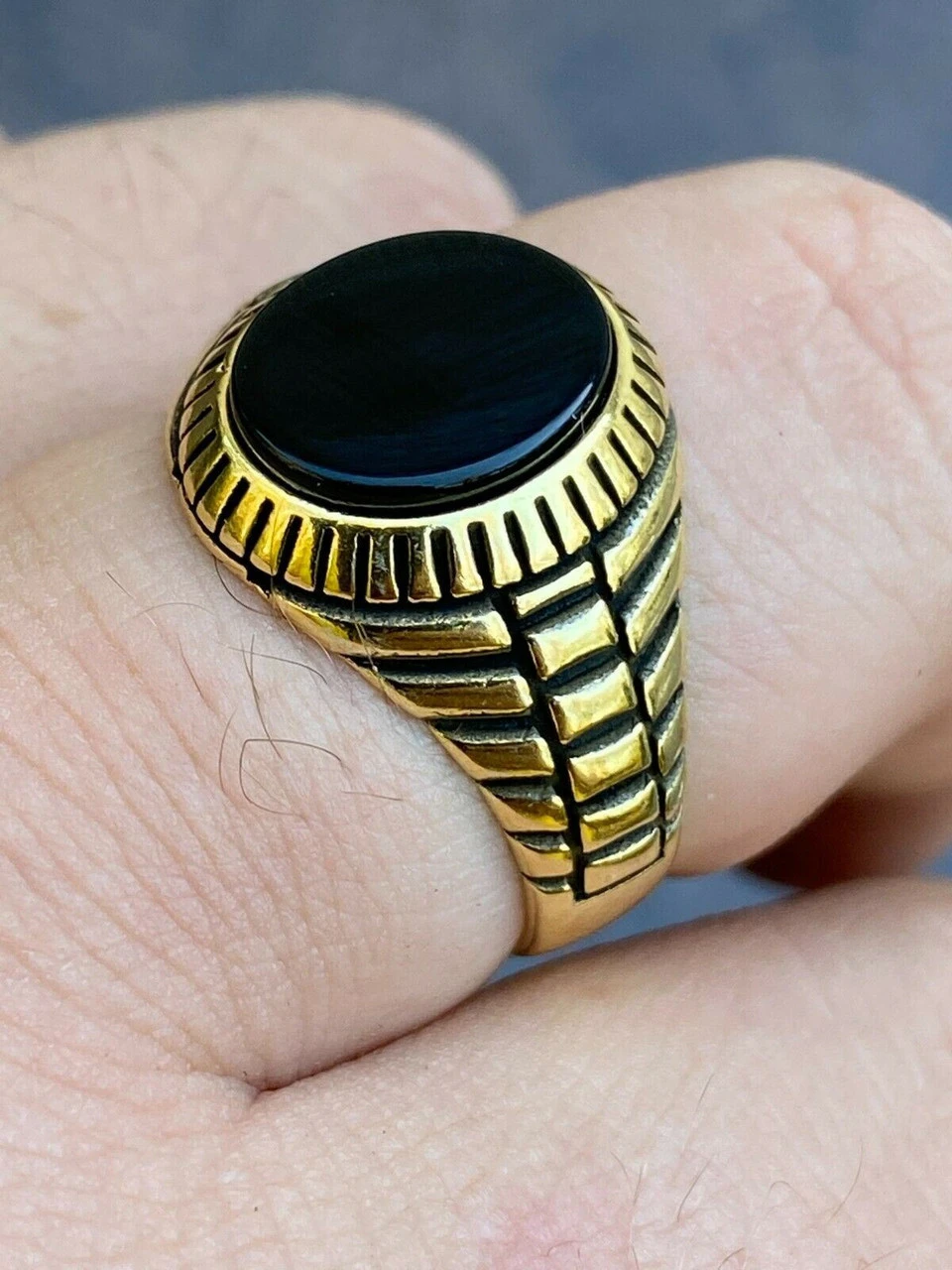 Mens 14k Gold Over Real Solid 925 Sterling Silver Black Onyx Round Signet Ring 9 Mens 14k Gold Over Real Solid 925 Sterling Silver Black Onyx Round Signet Ring - Image 7