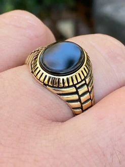 Mens 14k Gold Over Real Solid 925 Sterling Silver Black Onyx Round Signet Ring