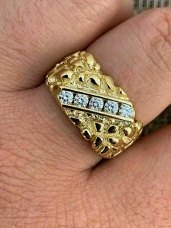 Men's 14k Gold Over REAL Solid 925 Sterling Silver Diamond Nugget Ring Sz 7-13