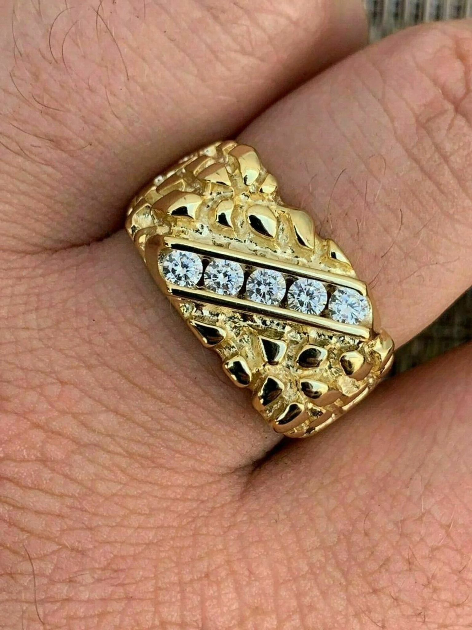Men's 14k Gold Over REAL Solid 925 Sterling Silver Diamond Nugget Ring Sz 7-13 3 Men's 14k Gold Over REAL Solid 925 Sterling Silver Diamond Nugget Ring Sz 7-13