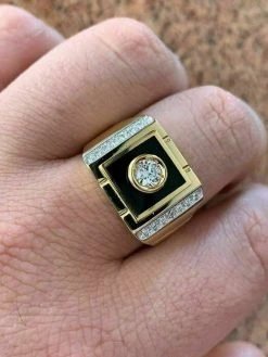 Men's 14k Gold Over Solid 925 Silver Black Onyx Ring ICY Pinky Diamond Sz 7-12