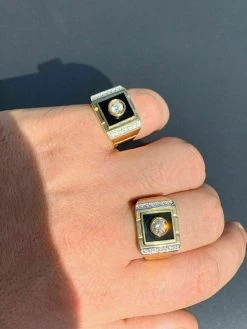 Men's 14k Gold Over Solid 925 Silver Black Onyx Ring ICY Pinky Diamond Sz 7-12 -Harlem Bling Shop harlembling mens 14k gold over solid 925 silver black onyx ring icy pinky diamond sz 7 12 80151.1664399929