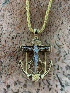 Men's 14k Gold Over Solid 925 Silver Jesus Crucifix & Anchor Piece & Rope Chain
