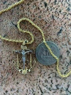 Men's 14k Gold Over Solid 925 Silver Jesus Crucifix & Anchor Piece & Rope Chain -Harlem Bling Shop harlembling mens 14k gold over solid 925 silver jesus crucifix and anchor piece and rope chain 51827.1664389975