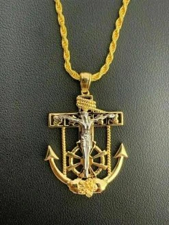 Men's 14k Gold Over Solid 925 Silver Jesus Crucifix & Anchor Piece & Rope Chain -Harlem Bling Shop harlembling mens 14k gold over solid 925 silver jesus crucifix and anchor piece and rope chain 55123.1664372909