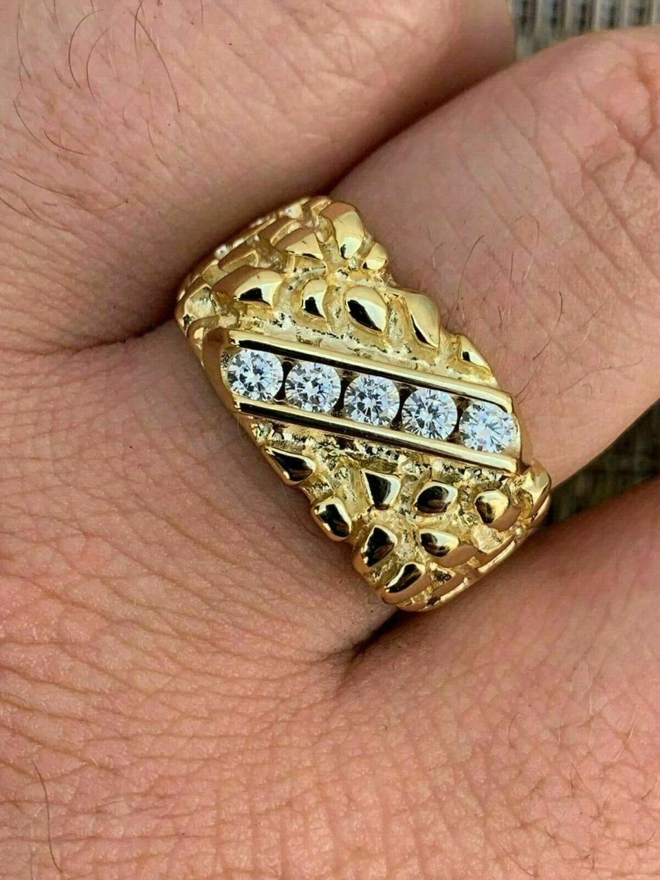 Men's 14k Gold Vermeil 925 Sterling Silver Real Moissanite Nugget Ring Sz 7-13 4 Men's 14k Gold Vermeil 925 Sterling Silver Real Moissanite Nugget Ring Sz 7-13 - Image 2