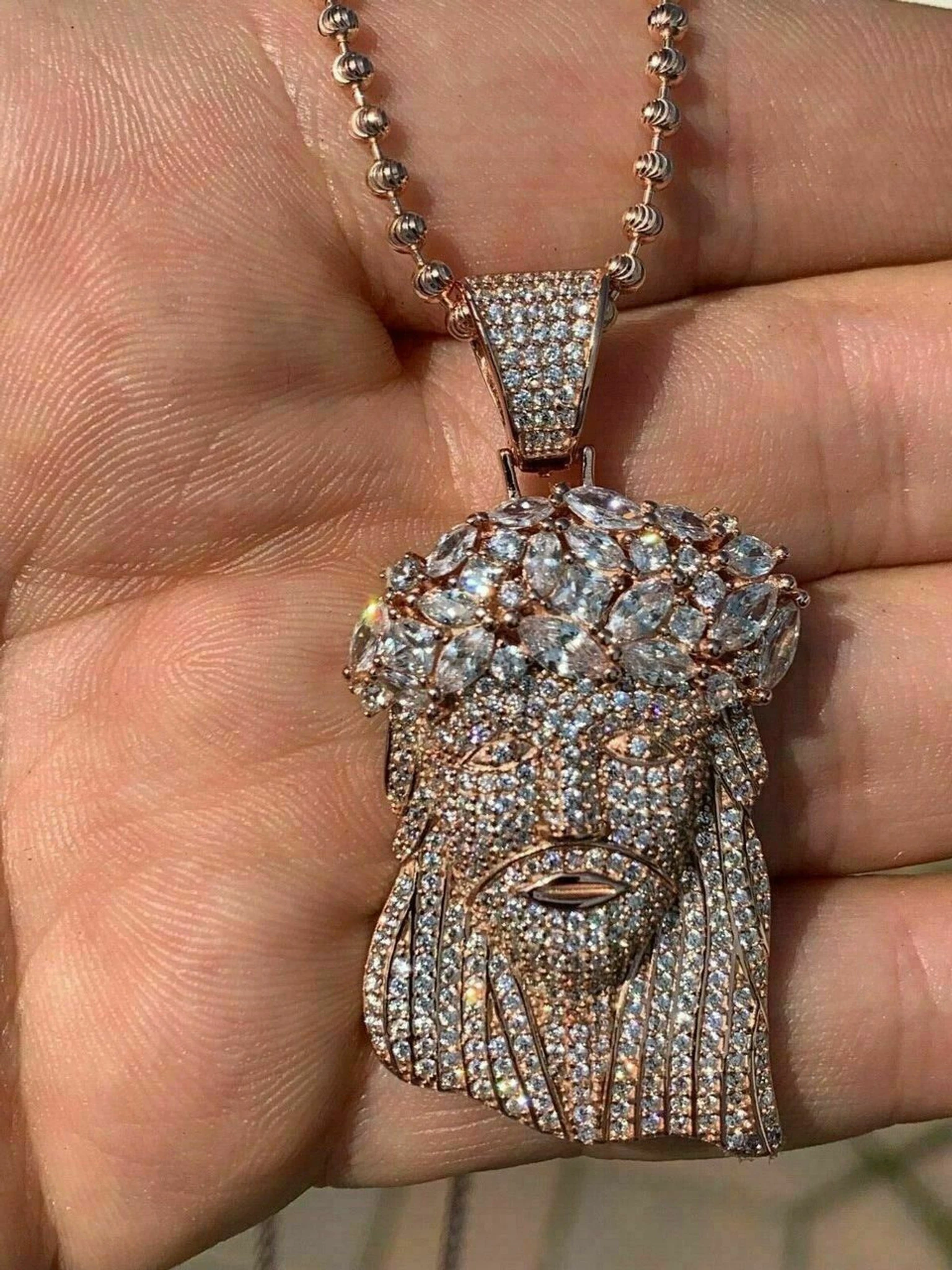 Men's 14k Rose Gold & Solid 925 Silver Jesus Piece Pendant ICY Diamond Bust Down 3 Men's 14k Rose Gold & Solid 925 Silver Jesus Piece Pendant ICY Diamond Bust Down