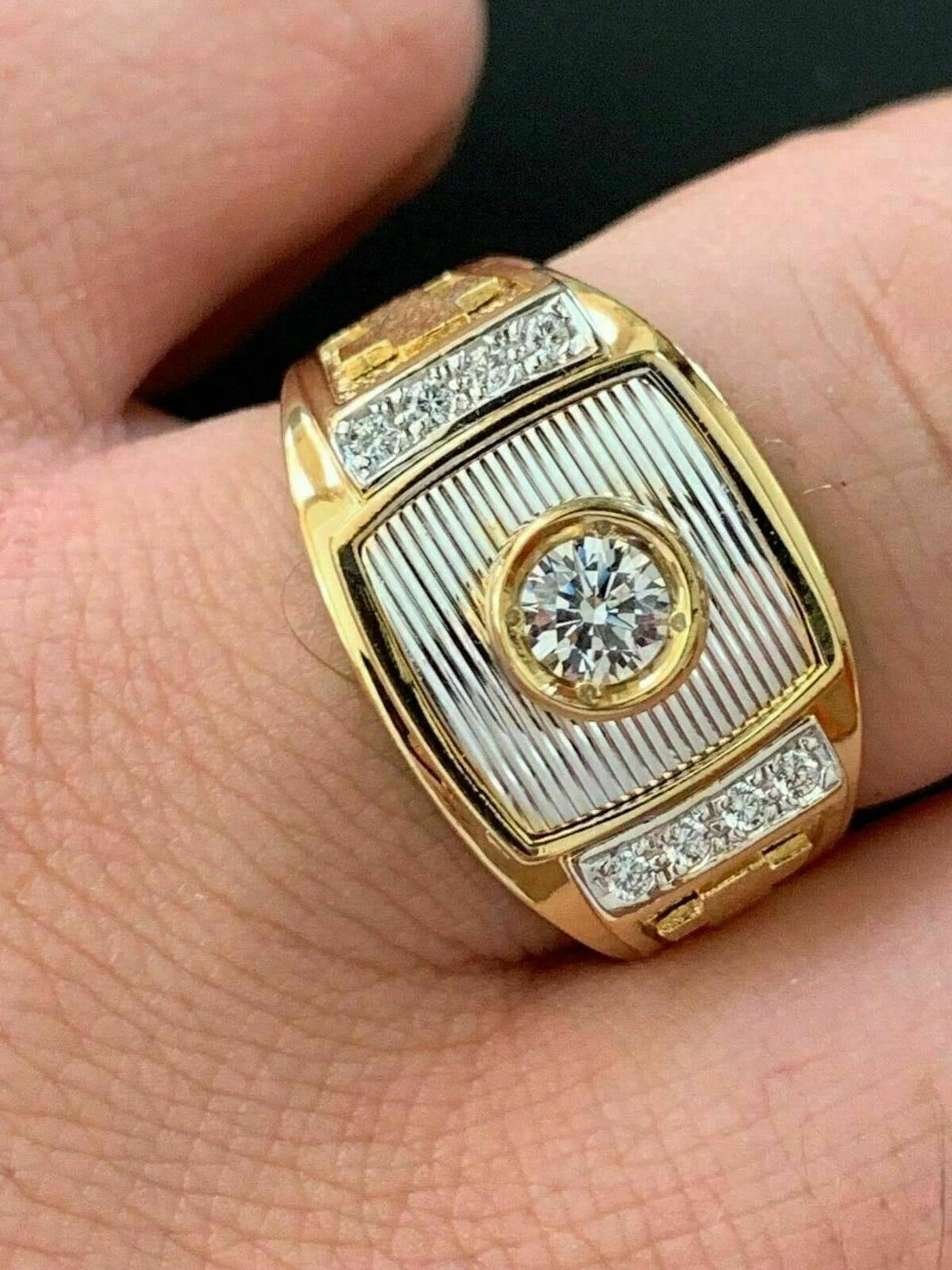 Men's 14k Yellow & White Gold Over Solid 925 Silver Ring ICY Diamond W. Cross 3 Men's 14k Yellow & White Gold Over Solid 925 Silver Ring ICY Diamond W. Cross