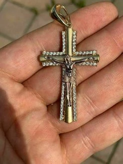 Men's 14k Yellow Gold Over 925 Silver Cross W. Rose Gold Jesus Pendant Necklace -Harlem Bling Shop harlembling mens 14k yellow gold over 925 silver cross w rose gold jesus pendant necklace 03142.1664372016