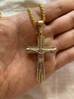 Men's 14k Yellow Gold Over 925 Silver Cross W. Rose Gold Jesus Pendant Necklace -Harlem Bling Shop harlembling mens 14k yellow gold over 925 silver cross w rose gold jesus pendant necklace 12206.1664380463