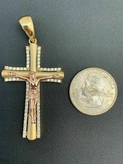 Men's 14k Yellow Gold Over 925 Silver Cross W. Rose Gold Jesus Pendant Necklace -Harlem Bling Shop harlembling mens 14k yellow gold over 925 silver cross w rose gold jesus pendant necklace 37459.1664375034