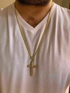 Men's 14k Yellow Gold Over 925 Silver Cross W. Rose Gold Jesus Pendant Necklace -Harlem Bling Shop harlembling mens 14k yellow gold over 925 silver cross w rose gold jesus pendant necklace 41445.1664394911