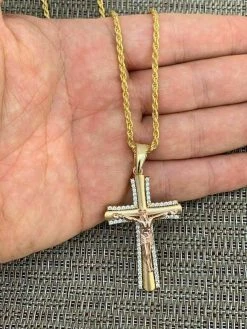 Men's 14k Yellow Gold Over 925 Silver Cross W. Rose Gold Jesus Pendant Necklace -Harlem Bling Shop harlembling mens 14k yellow gold over 925 silver cross w rose gold jesus pendant necklace 42600.1664375563