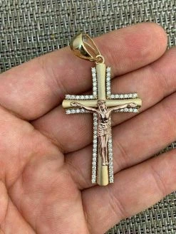 Men's 14k Yellow Gold Over 925 Silver Cross W. Rose Gold Jesus Pendant Necklace -Harlem Bling Shop harlembling mens 14k yellow gold over 925 silver cross w rose gold jesus pendant necklace 50623.1664387497
