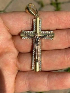 Men's 14k Yellow Gold Over 925 Silver Cross W. Rose Gold Jesus Pendant Necklace -Harlem Bling Shop harlembling mens 14k yellow gold over 925 silver cross w rose gold jesus pendant necklace 54612.1664380093