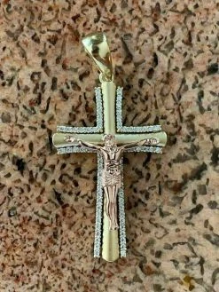 Men's 14k Yellow Gold Over 925 Silver Cross W. Rose Gold Jesus Pendant Necklace -Harlem Bling Shop harlembling mens 14k yellow gold over 925 silver cross w rose gold jesus pendant necklace 76164.1664395297