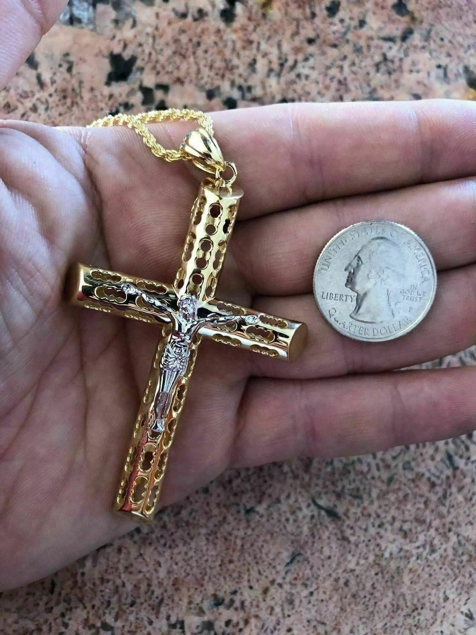 Men's 14k Yellow Gold Over 925 Silver Large 2x3" Cross W. Jesus Pendant Chain 5 Men's 14k Yellow Gold Over 925 Silver Large 2x3" Cross W. Jesus Pendant Chain - Image 3