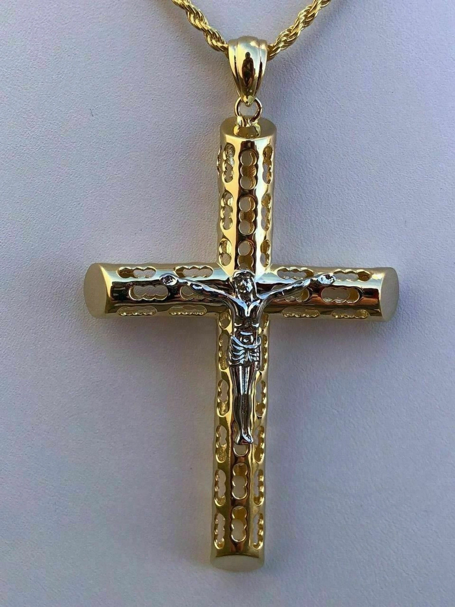 Men's 14k Yellow Gold Over 925 Silver Large 2x3" Cross W. Jesus Pendant Chain 3 Men's 14k Yellow Gold Over 925 Silver Large 2x3" Cross W. Jesus Pendant Chain