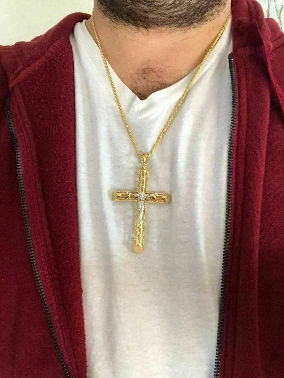 Men's 14k Yellow Gold Over 925 Silver Large 2x3" Cross W. Jesus Pendant Chain 10 Men's 14k Yellow Gold Over 925 Silver Large 2x3" Cross W. Jesus Pendant Chain - Image 8