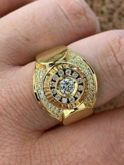 Men's 14k Yellow Gold Over Solid 925 Silver Ring ICY Round Cluster Hip Hop Pinky