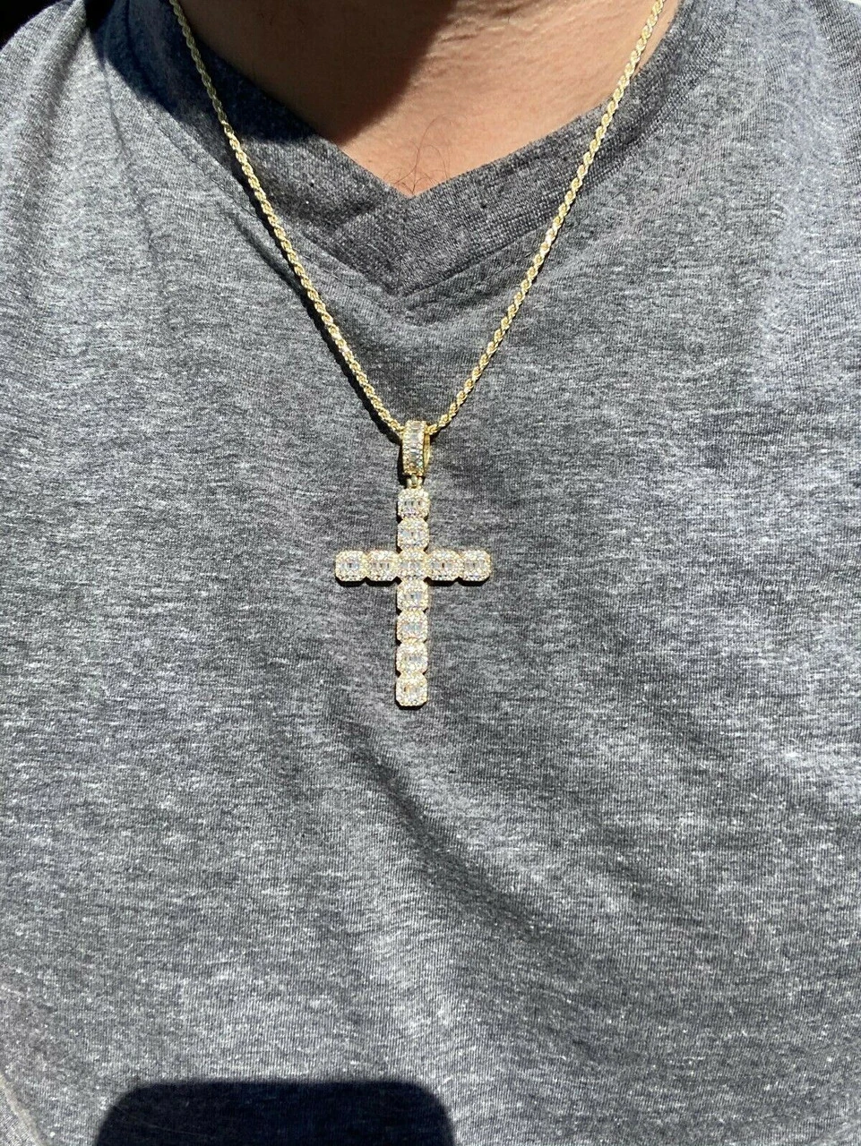 Mens 925 Sterling Baguette Diamond Cross Pendant Iced Gold Silver Necklace BIG 9 Mens 925 Sterling Baguette Diamond Cross Pendant Iced Gold Silver Necklace BIG - Image 7