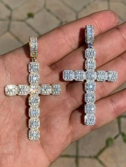 Mens 925 Sterling Baguette Diamond Cross Pendant Iced Gold Silver Necklace BIG 16 Mens 925 Sterling Baguette Diamond Cross Pendant Iced Gold Silver Necklace BIG -Harlem Bling Shop harlembling mens 925 sterling baguette diamond cross pendant iced gold silver necklace big 42543.1664394591