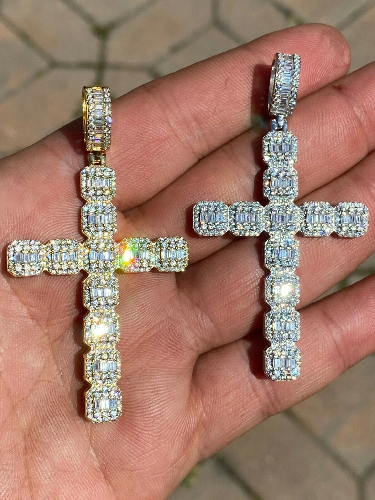 Mens 925 Sterling Baguette Diamond Cross Pendant Iced Gold Silver Necklace BIG 3 Mens 925 Sterling Baguette Diamond Cross Pendant Iced Gold Silver Necklace BIG