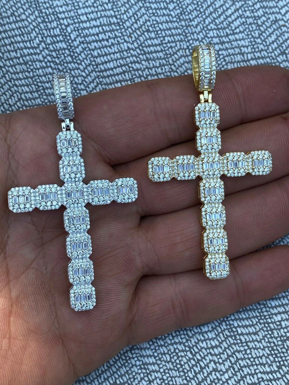 Mens 925 Sterling Baguette Diamond Cross Pendant Iced Gold Silver Necklace BIG 7 Mens 925 Sterling Baguette Diamond Cross Pendant Iced Gold Silver Necklace BIG - Image 5