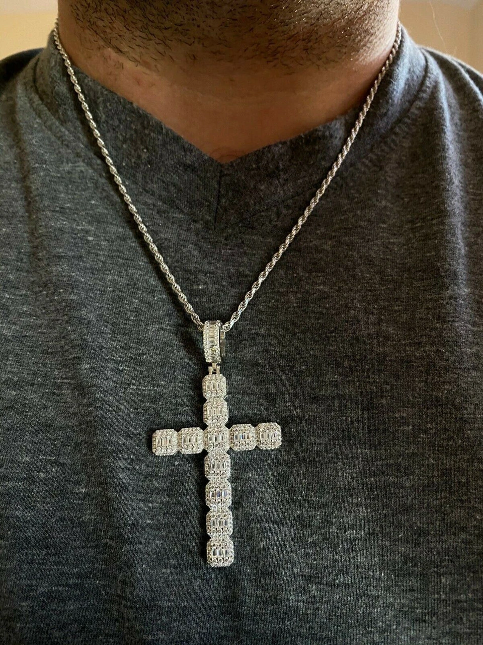 Mens 925 Sterling Baguette Diamond Cross Pendant Iced Gold Silver Necklace BIG 10 Mens 925 Sterling Baguette Diamond Cross Pendant Iced Gold Silver Necklace BIG - Image 8