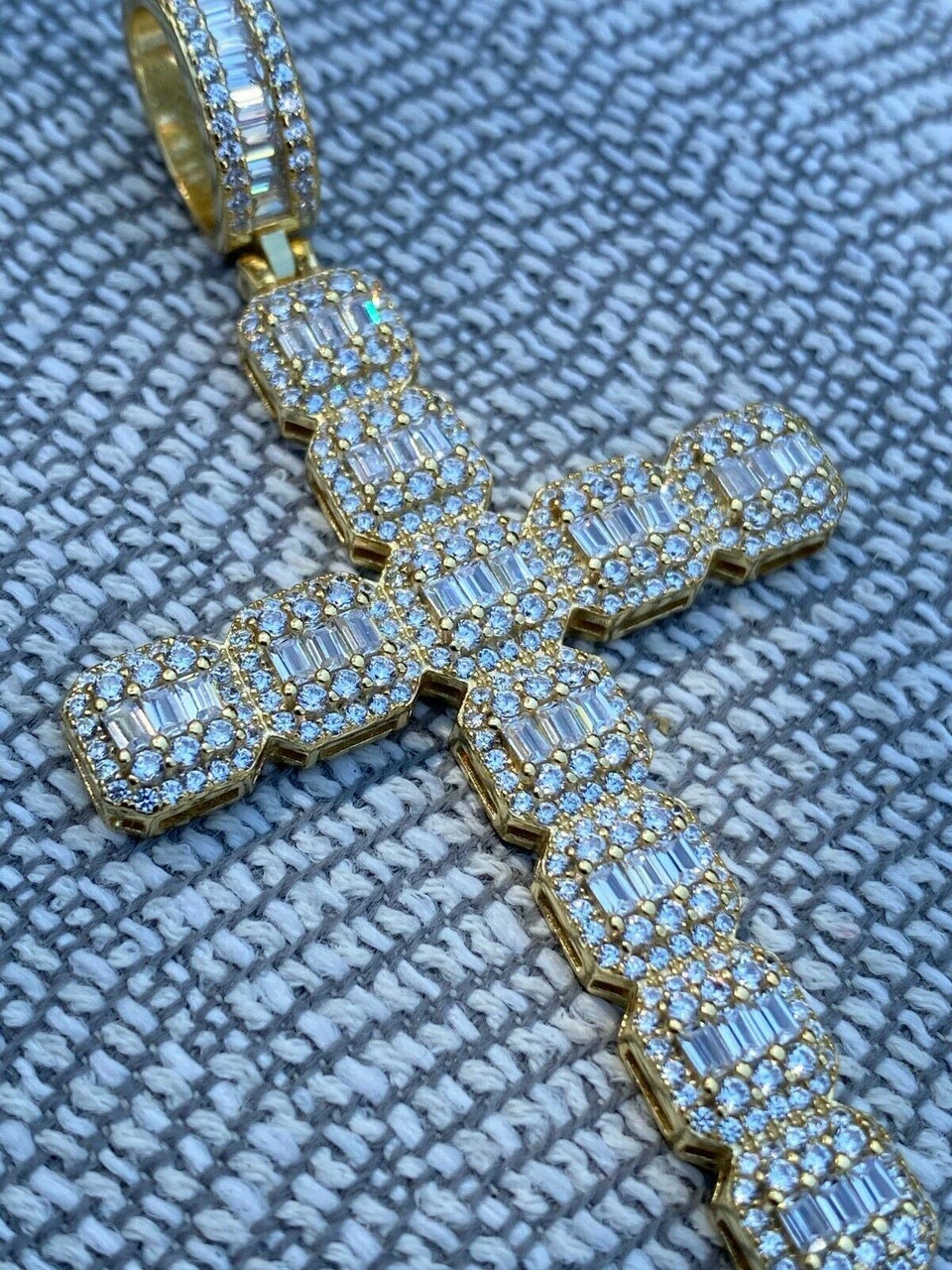 Mens 925 Sterling Baguette Diamond Cross Pendant Iced Gold Silver Necklace BIG 8 Mens 925 Sterling Baguette Diamond Cross Pendant Iced Gold Silver Necklace BIG - Image 6