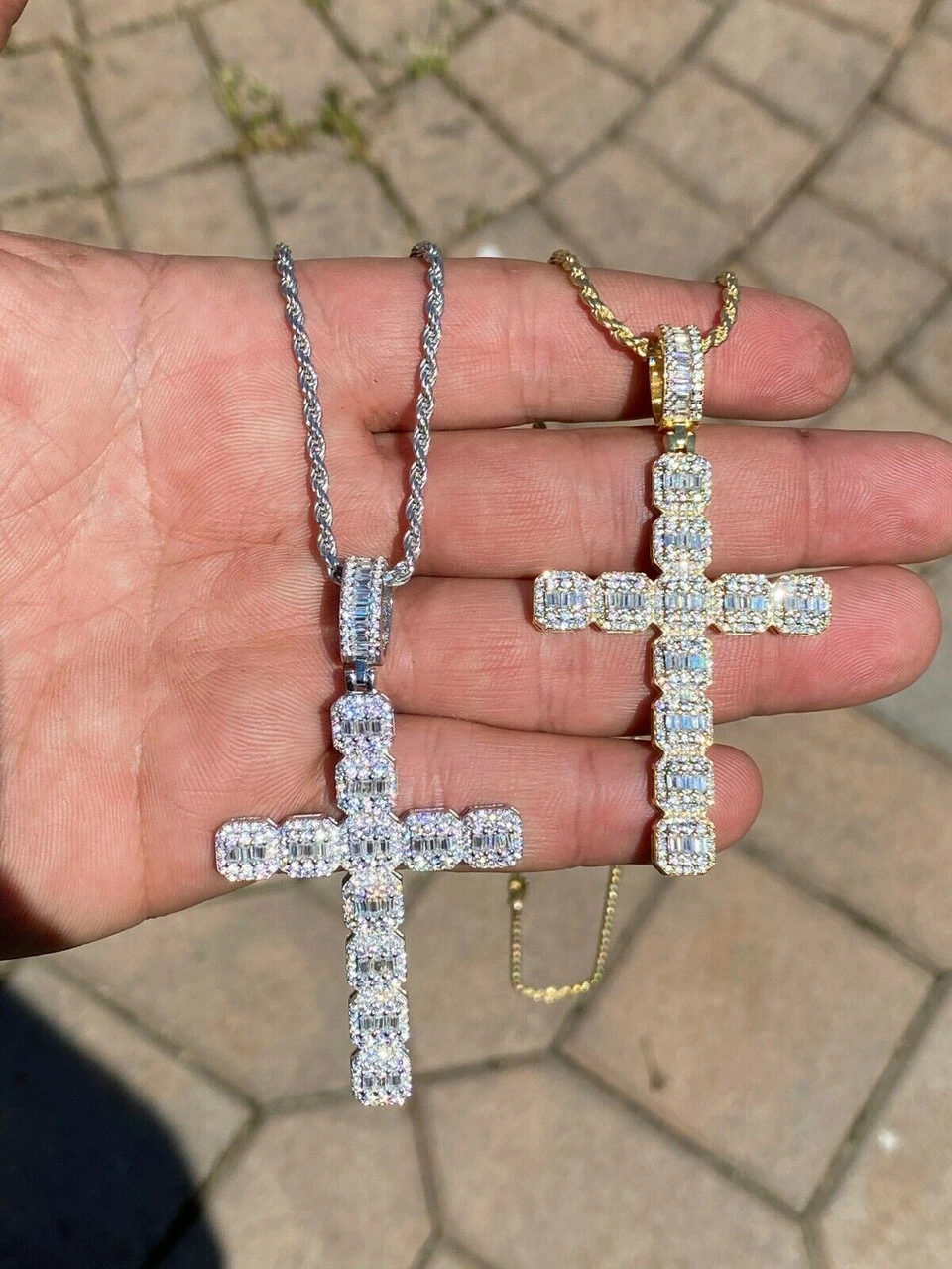Mens 925 Sterling Baguette Diamond Cross Pendant Iced Gold Silver Necklace BIG 5 Mens 925 Sterling Baguette Diamond Cross Pendant Iced Gold Silver Necklace BIG - Image 3