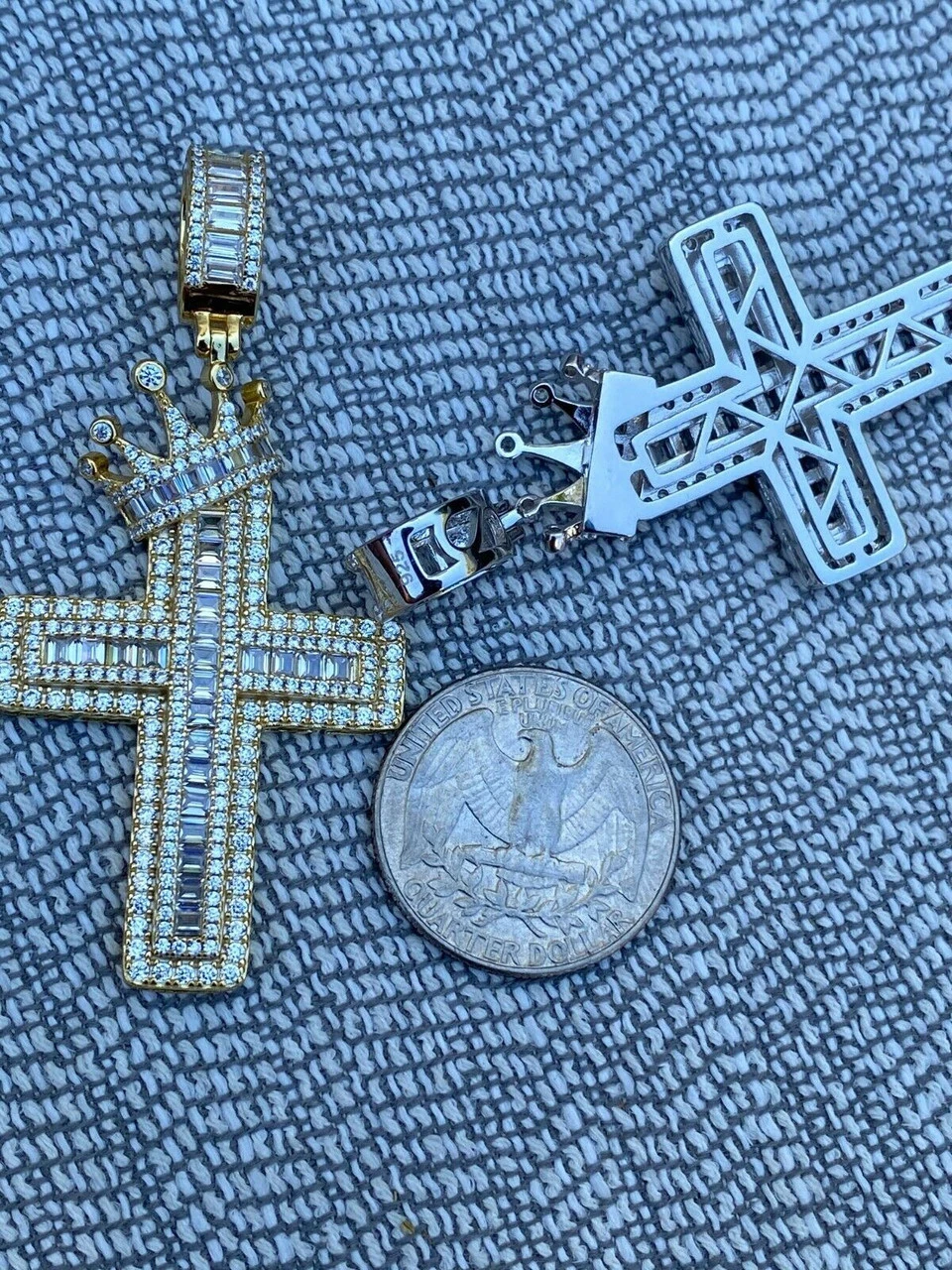 Mens 925 Sterling Baguette Diamond Cross W. King Crown Pendant Iced Gold Silver 13 Mens 925 Sterling Baguette Diamond Cross W. King Crown Pendant Iced Gold Silver - Image 11