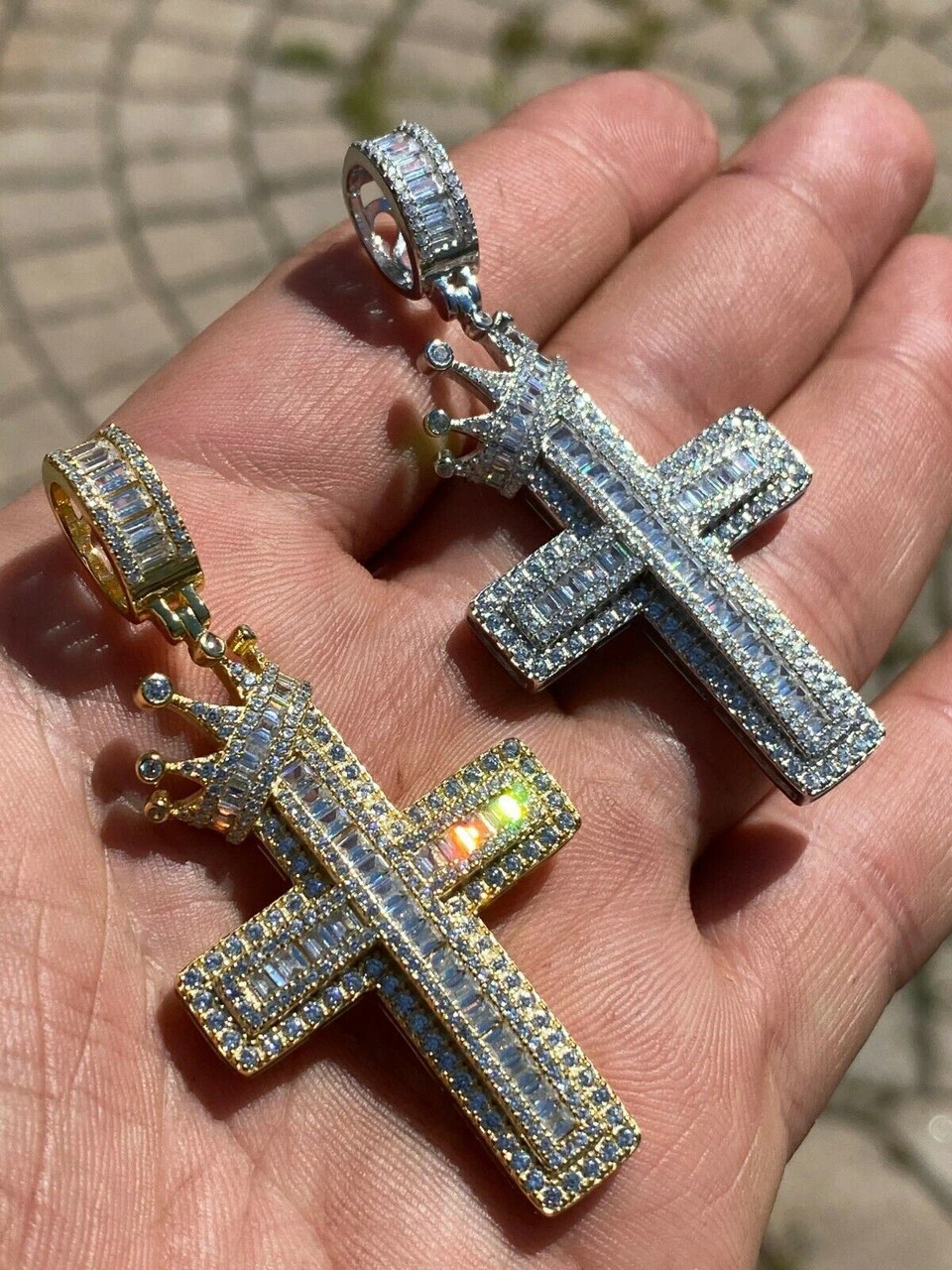 Mens 925 Sterling Baguette Diamond Cross W. King Crown Pendant Iced Gold Silver 6 Mens 925 Sterling Baguette Diamond Cross W. King Crown Pendant Iced Gold Silver - Image 4