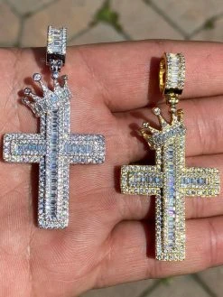 Mens 925 Sterling Baguette Diamond Cross W. King Crown Pendant Iced Gold Silver 16 Mens 925 Sterling Baguette Diamond Cross W. King Crown Pendant Iced Gold Silver -Harlem Bling Shop harlembling mens 925 sterling baguette diamond cross w king crown pendant iced gold silver 43114.1664377740