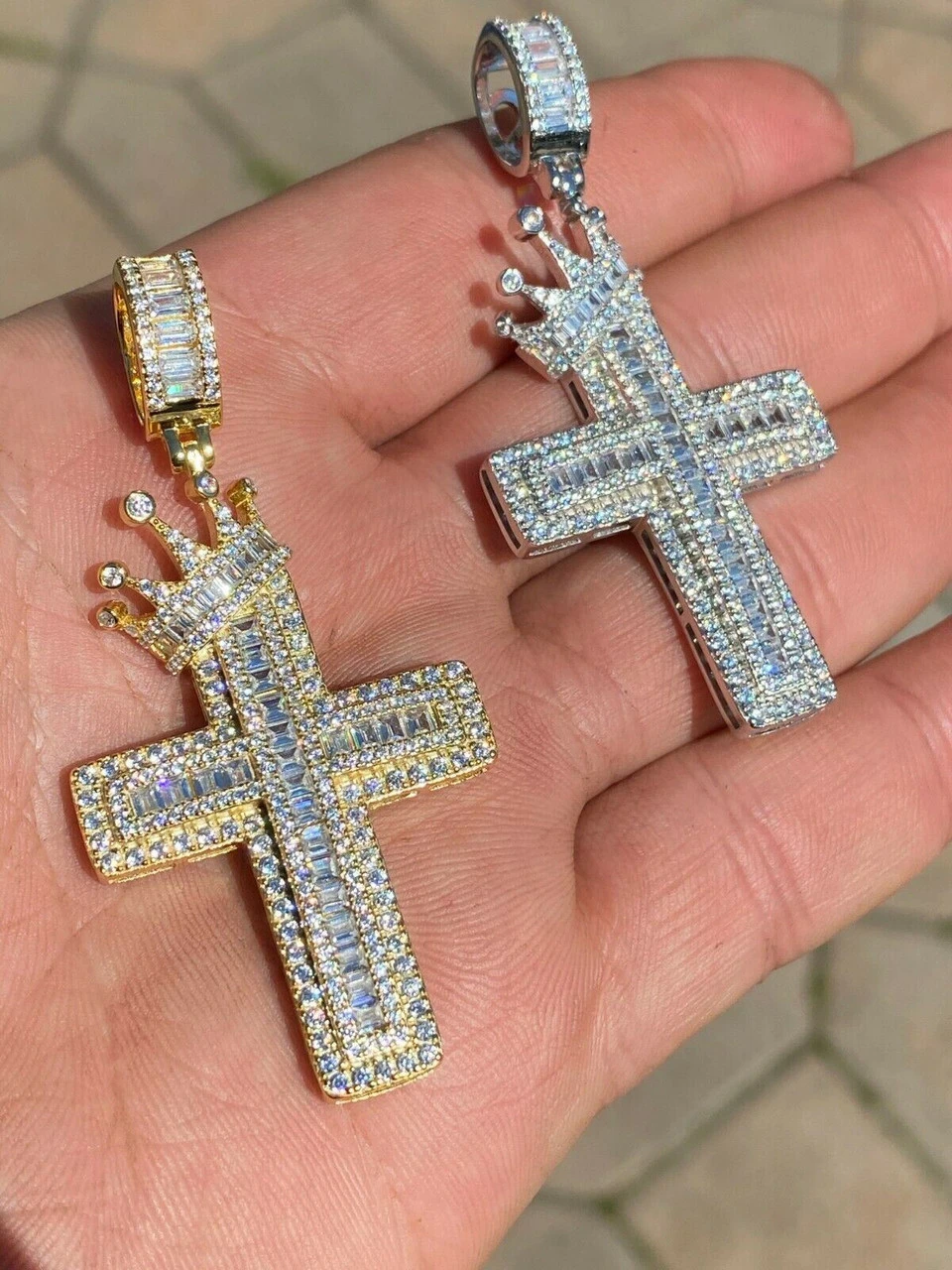 Mens 925 Sterling Baguette Diamond Cross W. King Crown Pendant Iced Gold Silver 7 Mens 925 Sterling Baguette Diamond Cross W. King Crown Pendant Iced Gold Silver - Image 5