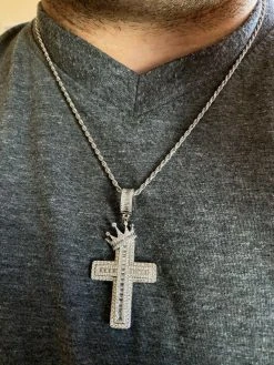 Mens 925 Sterling Baguette Diamond Cross W. King Crown Pendant Iced Gold Silver 22 Mens 925 Sterling Baguette Diamond Cross W. King Crown Pendant Iced Gold Silver -Harlem Bling Shop harlembling mens 925 sterling baguette diamond cross w king crown pendant iced gold silver 54213.1664375318