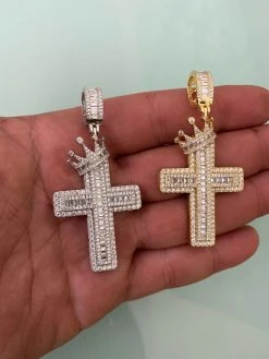 Mens 925 Sterling Baguette Diamond Cross W. King Crown Pendant Iced Gold Silver 25 Mens 925 Sterling Baguette Diamond Cross W. King Crown Pendant Iced Gold Silver -Harlem Bling Shop harlembling mens 925 sterling baguette diamond cross w king crown pendant iced gold silver 54734.1664374902
