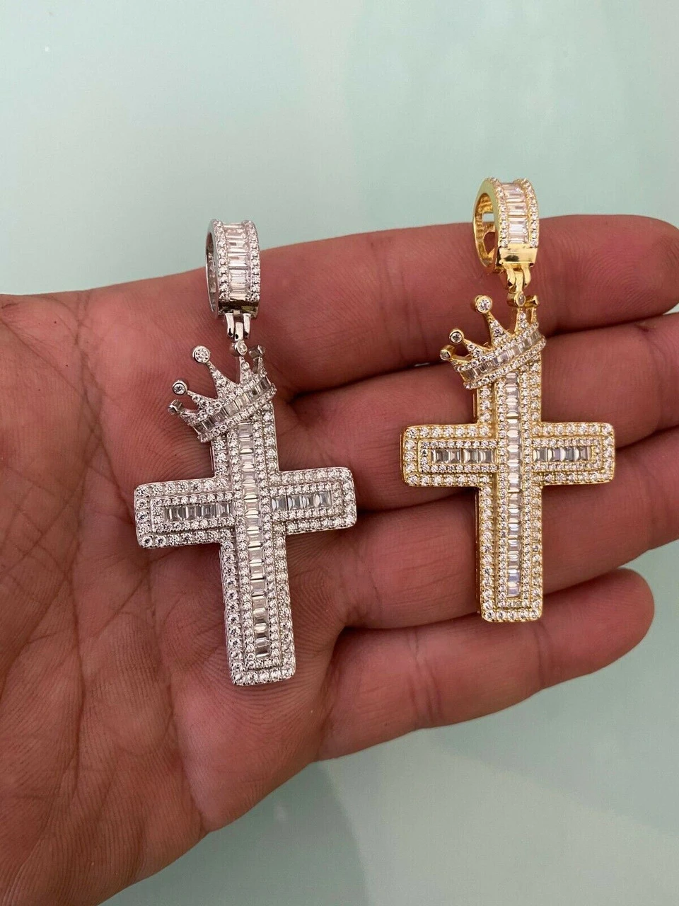Mens 925 Sterling Baguette Diamond Cross W. King Crown Pendant Iced Gold Silver 14 Mens 925 Sterling Baguette Diamond Cross W. King Crown Pendant Iced Gold Silver - Image 12