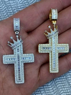 Mens 925 Sterling Baguette Diamond Cross W. King Crown Pendant Iced Gold Silver 23 Mens 925 Sterling Baguette Diamond Cross W. King Crown Pendant Iced Gold Silver -Harlem Bling Shop harlembling mens 925 sterling baguette diamond cross w king crown pendant iced gold silver 57826.1664373683