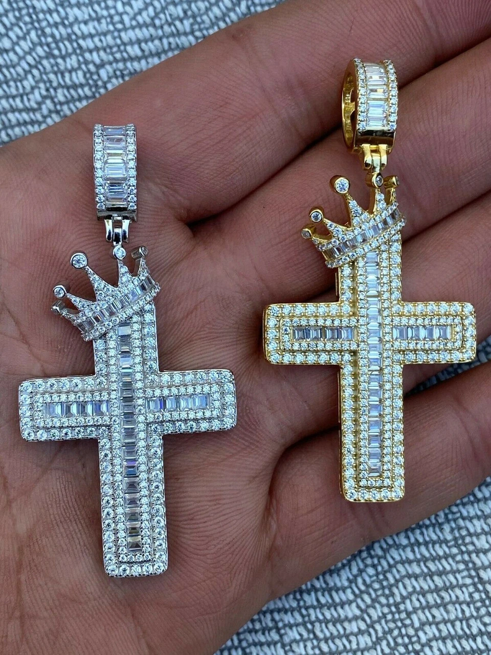 Mens 925 Sterling Baguette Diamond Cross W. King Crown Pendant Iced Gold Silver 12 Mens 925 Sterling Baguette Diamond Cross W. King Crown Pendant Iced Gold Silver - Image 10