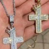 Mens 925 Sterling Baguette Diamond Cross W. King Crown Pendant Iced Gold Silver -Harlem Bling Shop harlembling mens 925 sterling baguette diamond cross w king crown pendant iced gold silver 58805.1664392730
