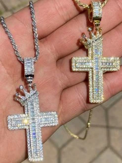Mens 925 Sterling Baguette Diamond Cross W. King Crown Pendant Iced Gold Silver