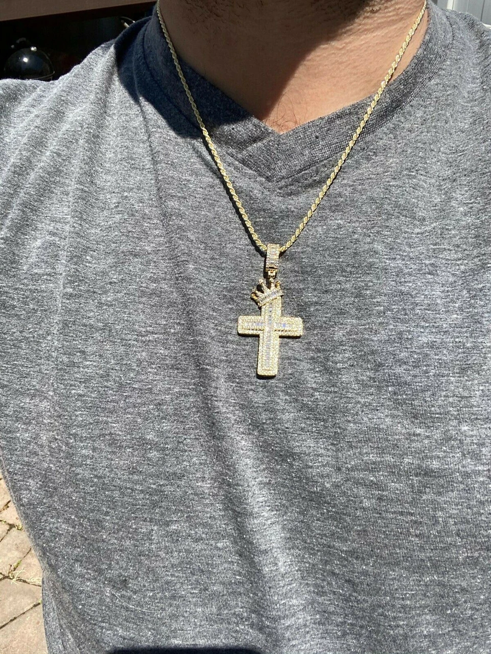 Mens 925 Sterling Baguette Diamond Cross W. King Crown Pendant Iced Gold Silver 9 Mens 925 Sterling Baguette Diamond Cross W. King Crown Pendant Iced Gold Silver - Image 7