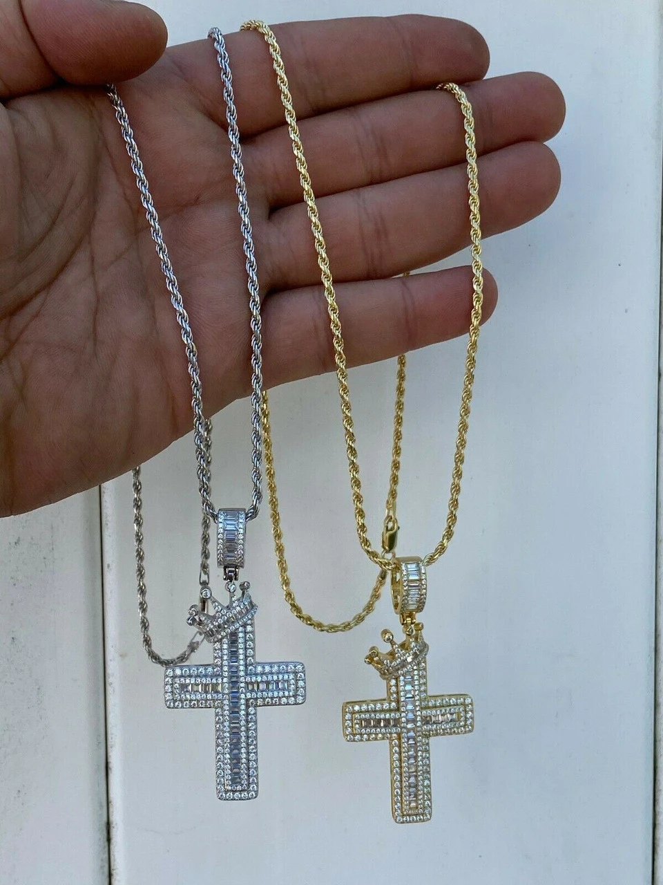 Mens 925 Sterling Baguette Diamond Cross W. King Crown Pendant Iced Gold Silver 10 Mens 925 Sterling Baguette Diamond Cross W. King Crown Pendant Iced Gold Silver - Image 8