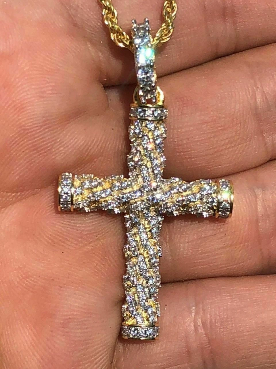 Men's Braided Rope Cross 1ct CZ W. Chain 1x2" Pendant 14k Gold Solid 925 Silver 4 Men's Braided Rope Cross 1ct CZ W. Chain 1x2" Pendant 14k Gold Solid 925 Silver - Image 2