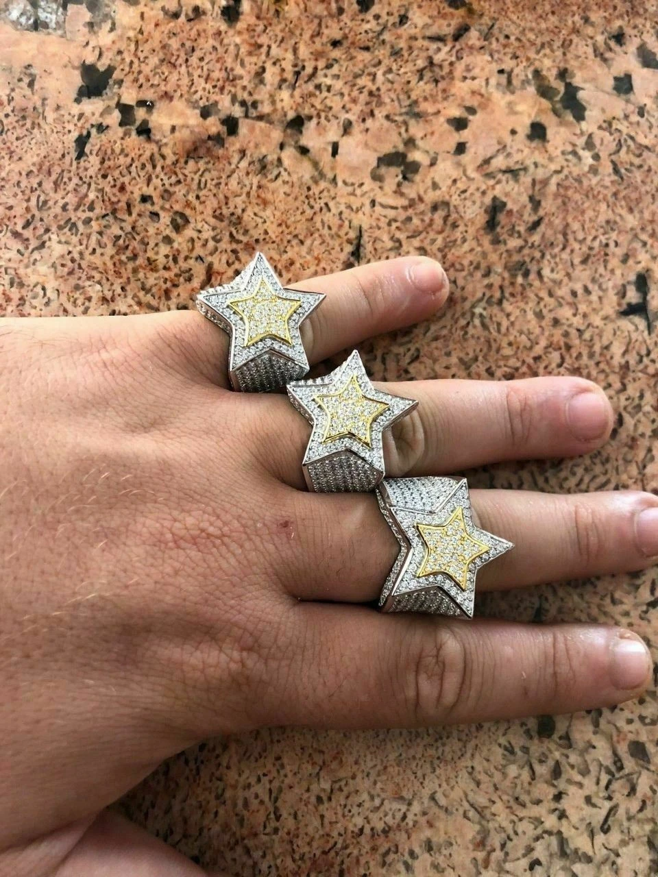 Men's Hip Hop 3D STAR Solid 14k Gold & 925 Silver Diamond Pinky RING Real Icy! 5 Men's Hip Hop 3D STAR Solid 14k Gold & 925 Silver Diamond Pinky RING Real Icy! - Image 3